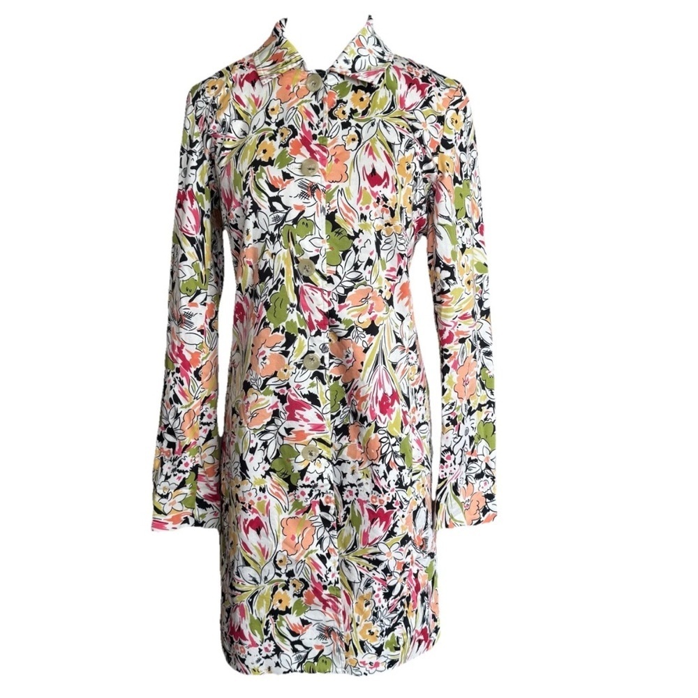 Kenar Floral Trench Coat Spring Jacket Long Blazer Women 6 Cotton White Green